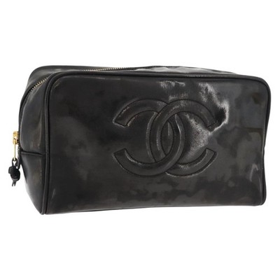 CHANEL Clutch Bag Patent leather Black Gold CC Auth bs34548