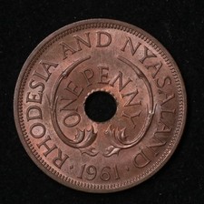 Rhodesia & Nyasaland 1961 Penny - Elizabeth II - Elephants! - BU
