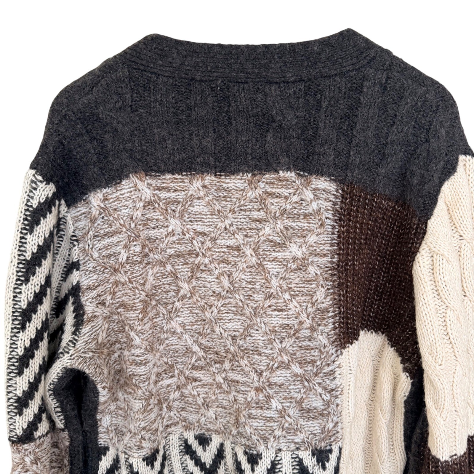 ZARA Patchwork Knit Cardigan Gray Multi Browns Bu… - image 9
