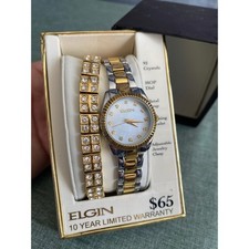 New Elgin Women’s Two-Tone Watch Bracelet Gift Set Mother of Pearl 92 Crystals