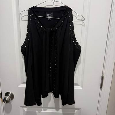 ECI Womens Sleeveless Blouse Gold Stud Embellished Black L
