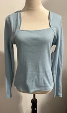 Time And Tru Womens Square Neck Fitted Blouse SZ L (12-14) Blue Long Sleeve Top