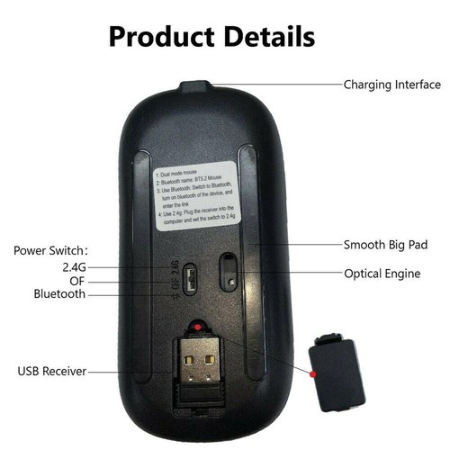2.4GHz Wireless Bluetooth Optical Mouse USB Rechargeable Laptop` For PC I0X8 - Afbeelding 4 van 12