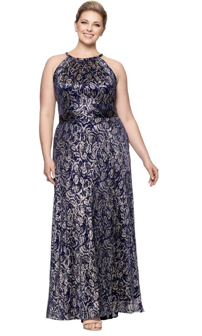 betsy and adam blue and gold dress Betsy & Adam Women One Shoulder Floral Blue Gold Metallic Maxi Formal Dress  4P