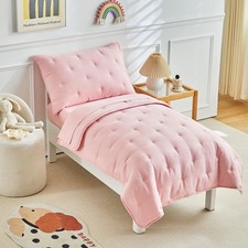 4 Piece Toddler Bedding Set for Girls, Pink Embroidery Crib Bed Comforter Set...