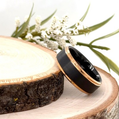 8mm Rose Gold & Black Tungsten Ring Brushed Polished Edge Christmas Band For Men