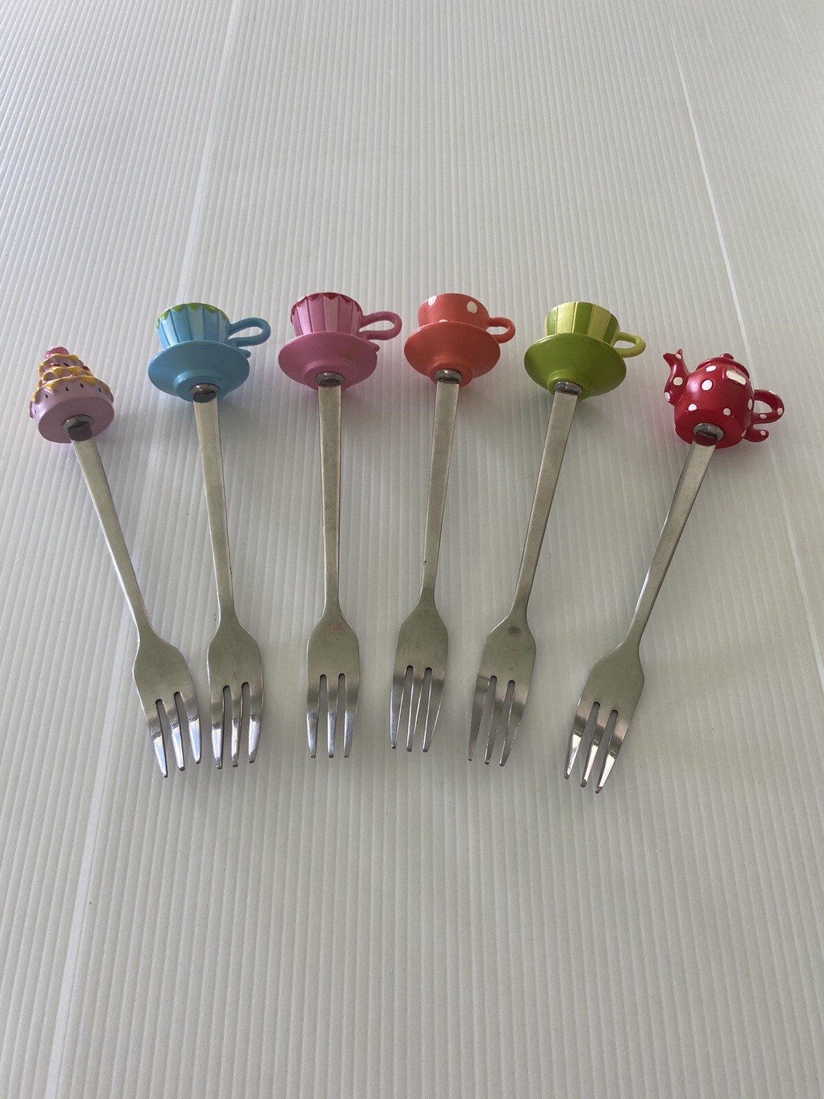 6 High Tea Party Novelty Forks Cute Tea Cup Pot Cake Toppers Alice In
