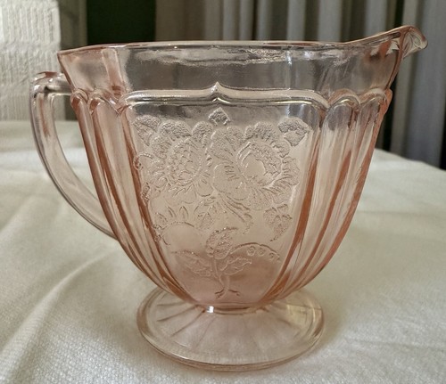 Vintage Anchor Hocking Mayfair Offen Rose Rosa Depression Glas Fuß Milchkännchen