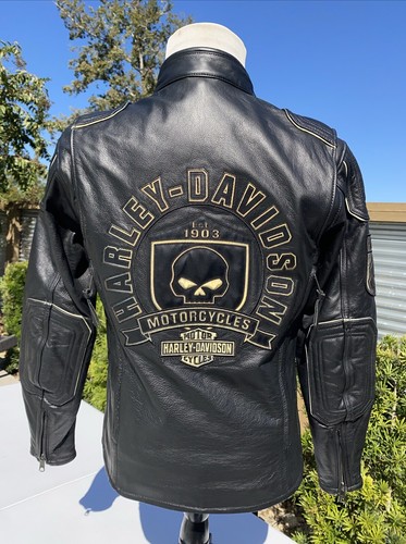 Harley Davidson Hombres AURORAL Willie G Reflectante Calavera Chaqueta de Cuero Pequeña - Imagen 1 de 9