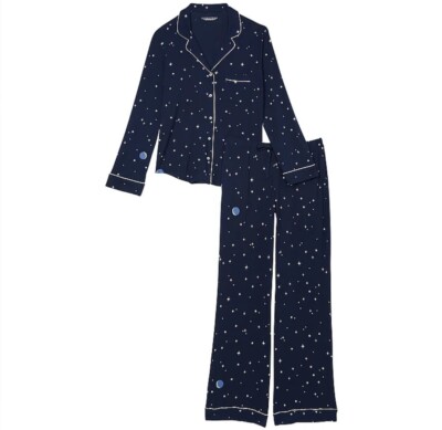 VICTORIA'S SECRET MODAL PAJAMA SET SHIRT & PANTS TRANQUIL BlUE MOON STARS L NWT