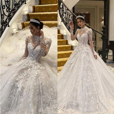 Unique Pearls 3D Flower Lace High Neck Wedding Dresses Long Sleeves Garden Sweep