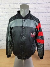 VTG Adidas Trefoil Spellout Black Red Gray Satin Snap Jacket Men's Size Medium