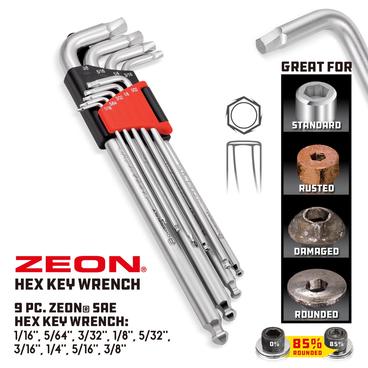 Powerbuilt 9 Piece Zeon SAE Hex Key Wrench Set for Damaged