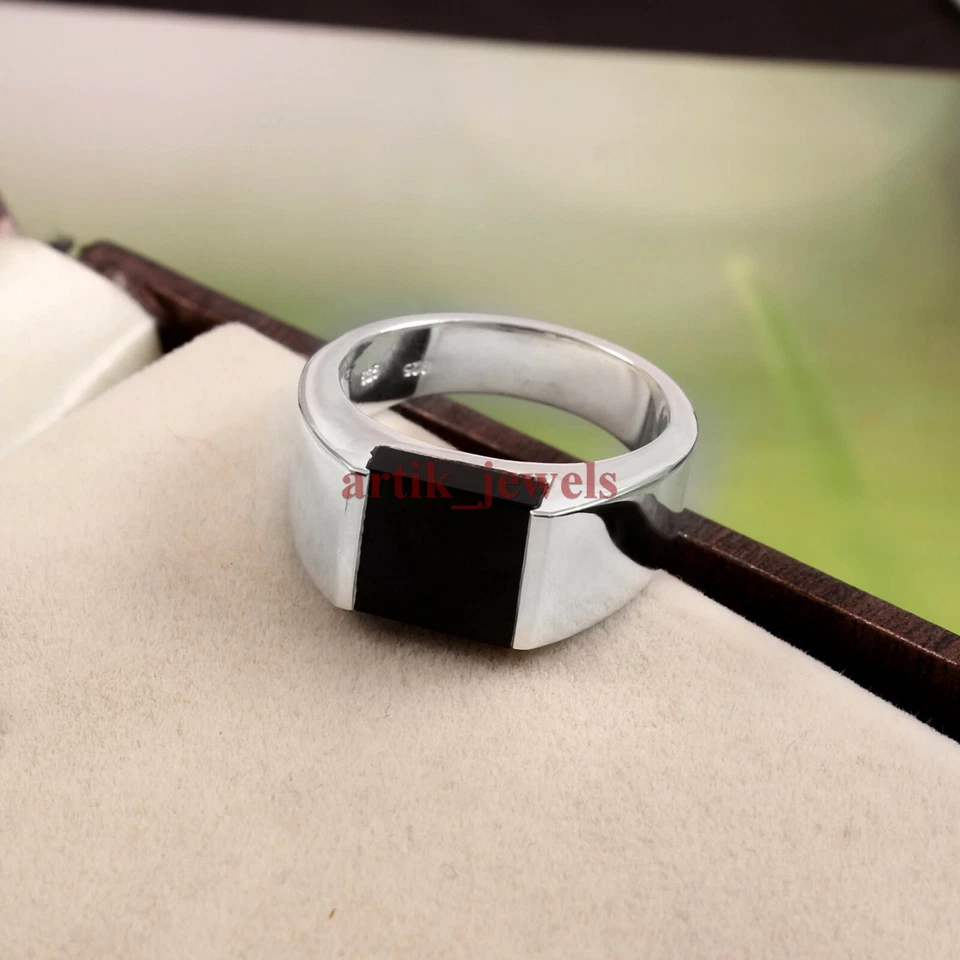 Anello In Argento Sterling 925 Con Gemma In Onice Nero Naturale Per Uomo #5820 - Immagine 3 di 4