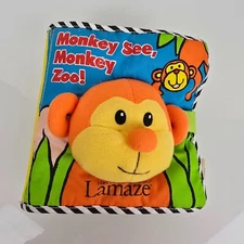 Lamaze Monkey See Monkey Zoo Soft Cloth Baby Toddler Book Rattle Manipulatives