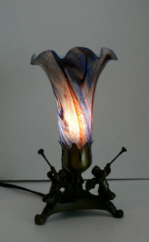 VINTAGE BRASS MILLEFLORI ART GLASS ANGEL TRUMPET TABLE LAMP. Art Deco lamp.