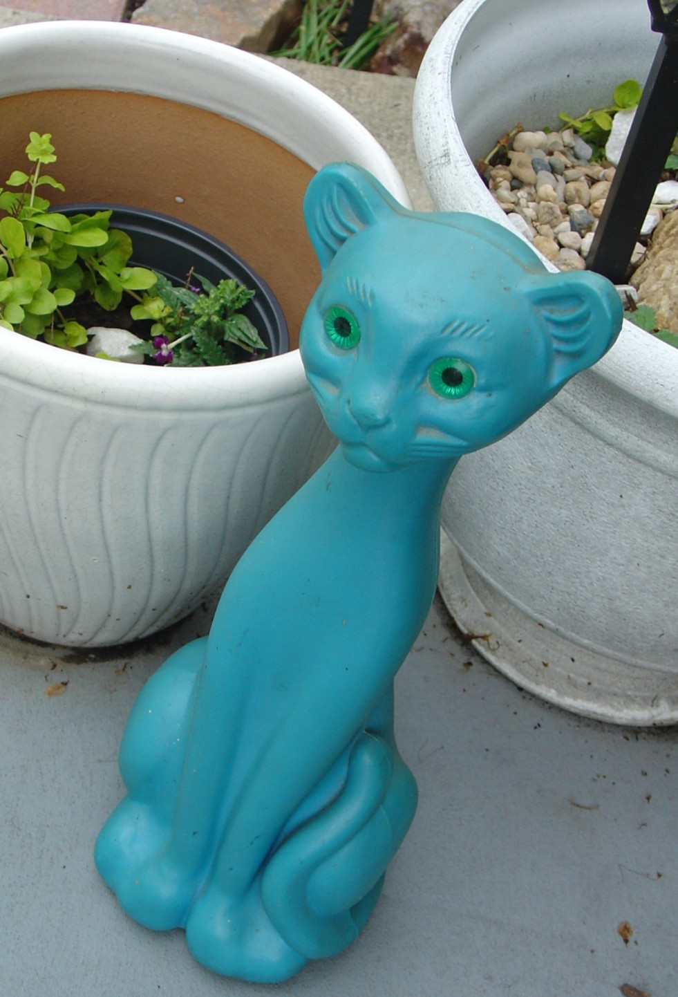 Vintage Plastic Blow Mold Seated Pet Kitty Cat Bank Blue w/ Green Eyes 16"