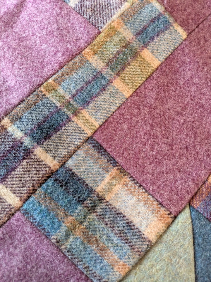 Handmade Wool Quilt Top Vintage English Country Eclectic Cottagecore Queen Plaid - Image 4 of 4