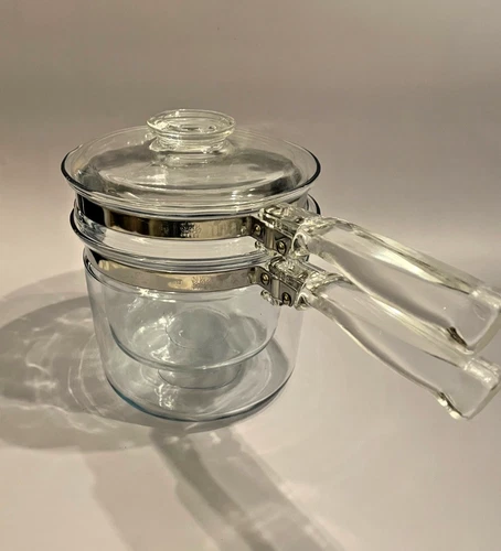 Vintage PYREX Clear Glass Double Boiler w/Lid 1.5 Qt Original #6283