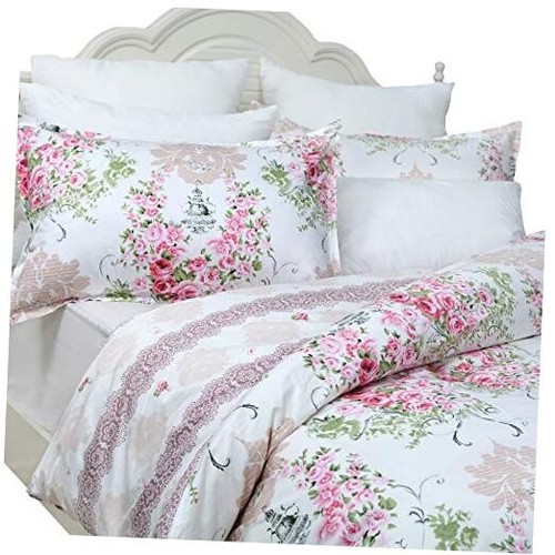 Pink Rose Floral Duvet Cover Set 100% Cotton Girls Bedding with Hidden Zipper