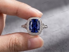 Cushion Cut Blue Sapphire Ring 925 Sterling Silver Women  s Engagement Ring.