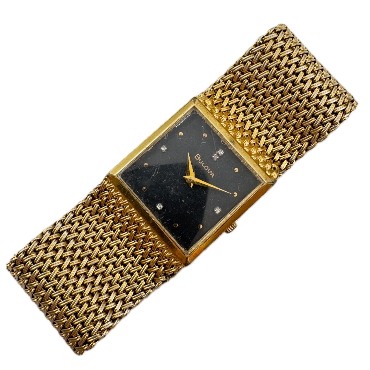 Vintage 1978 Bulova Black & Diamond Ladies Quartz Wristwatch Swiss Gold Tone