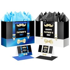 12.6" Happy Father's Day Gift Bag with Card and Tissue Paper  Black, Blue  2PCS