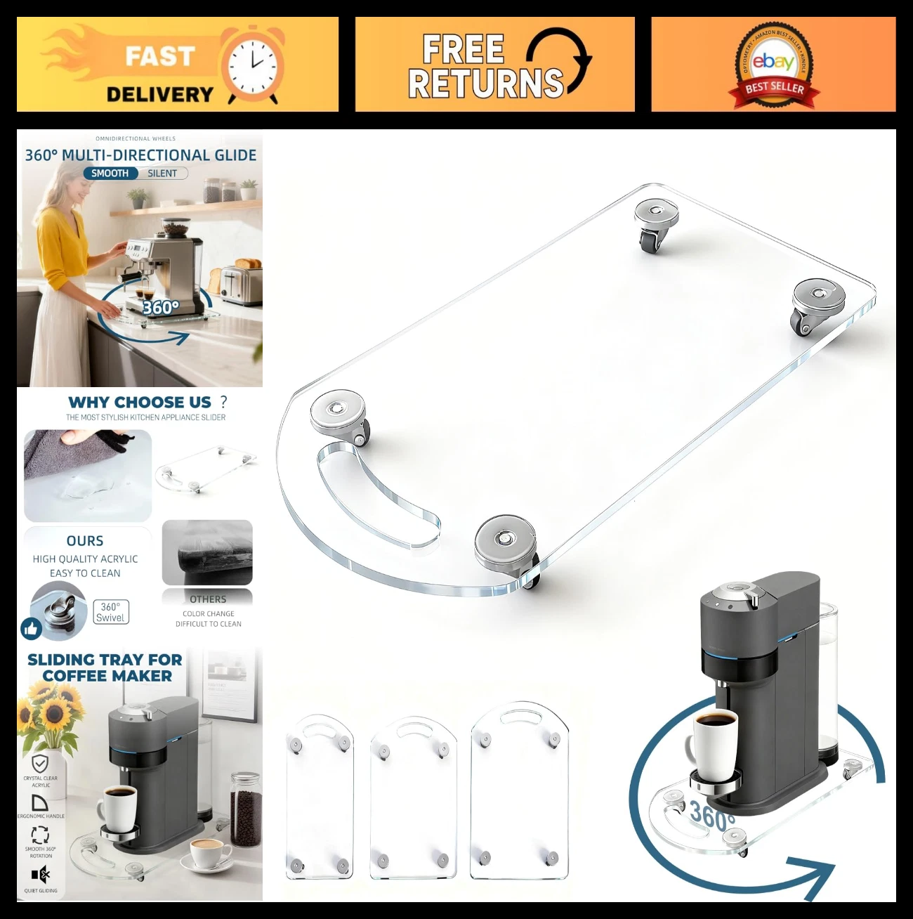360° Rolling Sliding Tray for Coffee Maker - Clear Acrylic Appliance Slider for