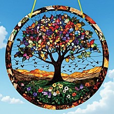 Fenster Deko Hänger Fensterbild Sonnenfänger Buntglas Bild Baum des Lebens