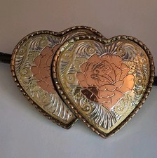 DOUBLE HEART ROSEGOLD WESTERN THEME BELT BUCKLE - HEAVY - 3 1/2" X 2 1/2" 10