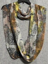 Infinity Scarf Thin Sheer Lightweight Feather Print Orange Blue Yellow 23x33"