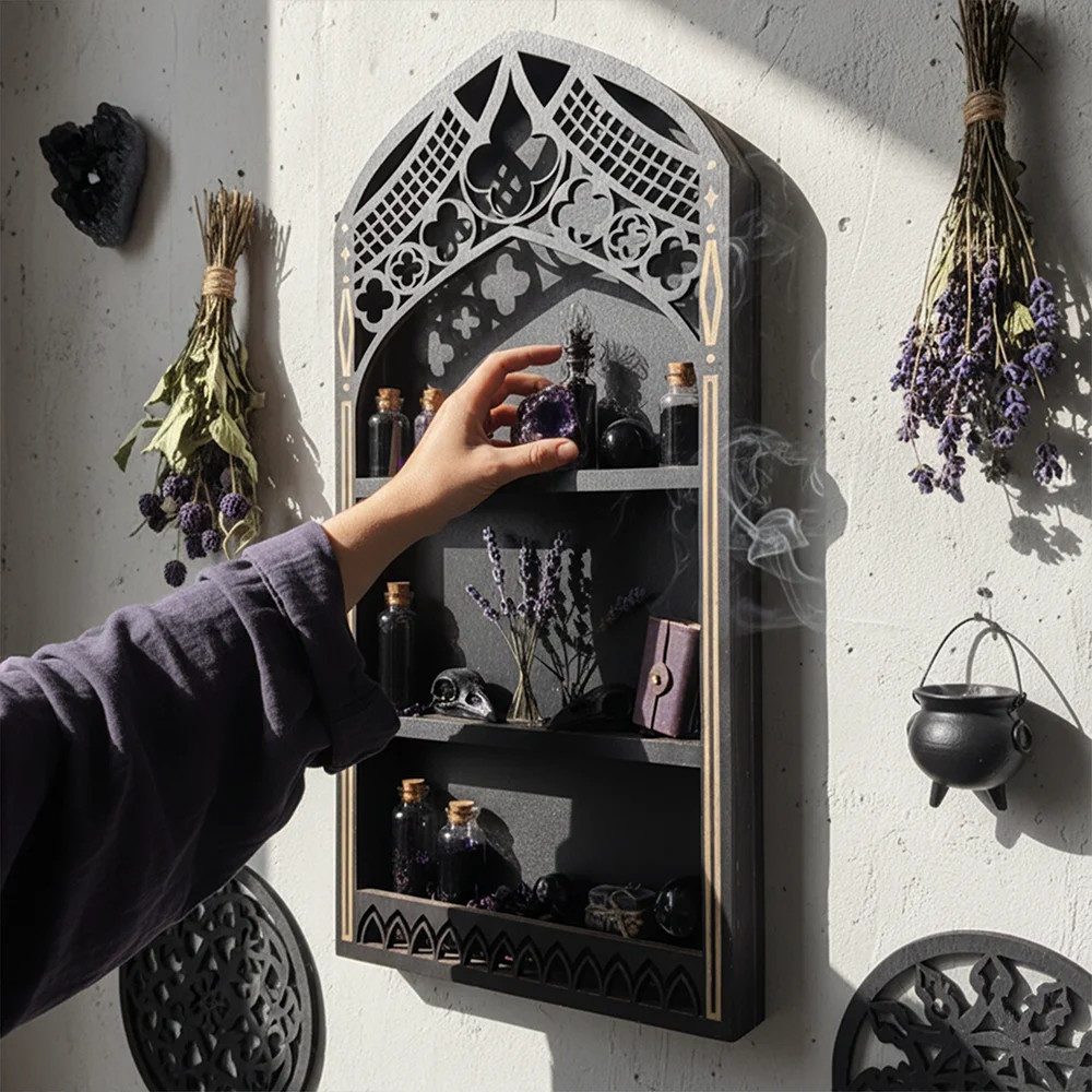 レア Alchemy Gothic スカル 黒薔薇 壁掛け インテリア Wooden Gothic Wall Shelf Black Gold 3 Tier Display Organizer 15.8