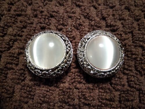 White Tigers Eye Filigree Silver Tone Clip-on Earrings Free shipping.