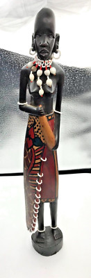 African Zulu Tribal Woman Statue Wood Carved with Beads 19'' Tall