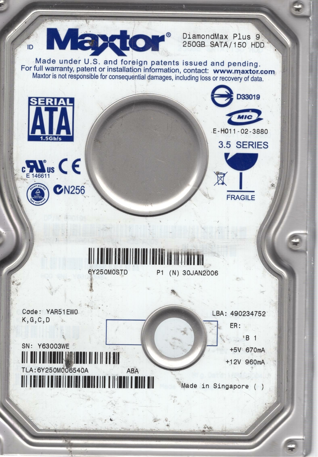 6Y250M0, Code YAR51EW0, KGCD, Maxtor 250GB SATA 3.5 Bsectr HDD 2022, świetna wartość