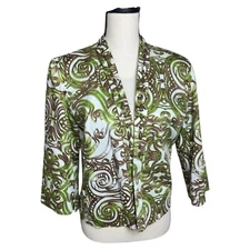 Ivy Chic NY Women’s Med. Chartreuse Brown Whimsical Floral Open Cut Blazer NWOT