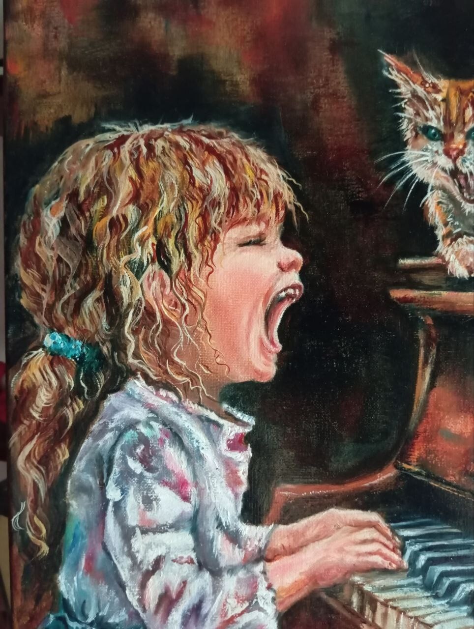 Beautiful Children Art Little Girl Singer Handmade Original Oil Painting