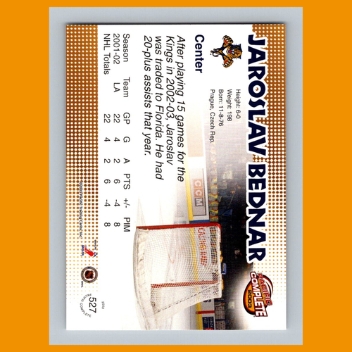 Jaroslav Bednar #527 2002 Pacific Complete Florida Panthers Hockey Card NHL NM - Picture 2 of 3