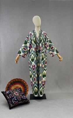 Uzbek ikat coat,handmade cotton chapan,boho dress cape,ethnic abaya,green robe 