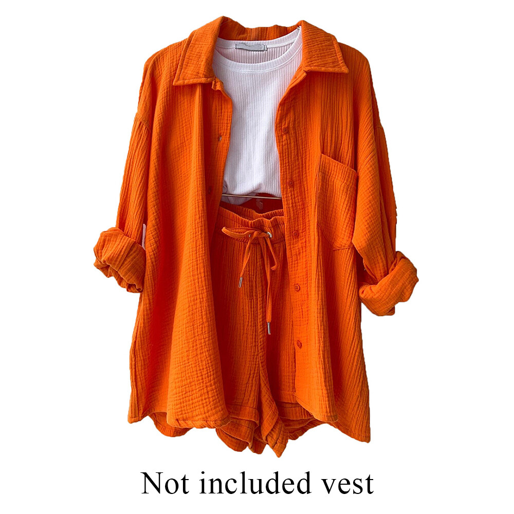 Women Cheesecloth Button Up Shirt Shorts Two Piece Suit Ladies Summer
