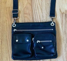 FOSSIL Black Biker Crossover Purse Pebbled Leather Shoulder Bag Silver Hardware