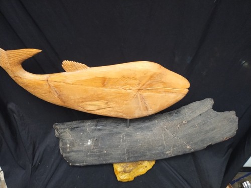Vtg Folk Art Carved Cedar Wood Whale /Fish Sculpture Weathervane form 39" signed - Picture 11 of 21