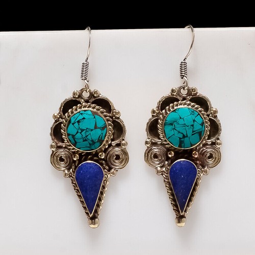 Boucles D'oreilles Pendantes En Argent 925 Et Turquoise - Style Bohème Ethnique - Occasion