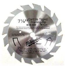 MILWAUKEE Carbide Circular Saw Blade 7 1/4 Inch 16T Framing UNK 48-40-4000