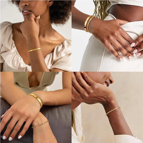 Stackable Gold Bracelets Bangles for Women Girls 14K Gold Plated Cubic Zirconia - Picture 9 of 22