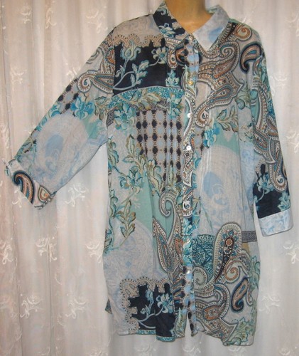 SIZE 4 CHICO'S BLUE BRANCHING PAISLEY BUTTON-UP ALL COTTON COLLARED TUNIC TOP