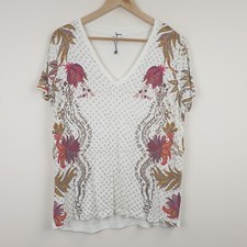 Desigual T-Shirt Womens Medium White Floral Graphic Praga V-Neck Top Casual