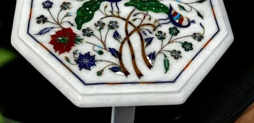 Elegante achteckige Couchtischplatte aus weißem Marmor | Handgefertigte Pietradura Intarsien - Bild 6 von 11
