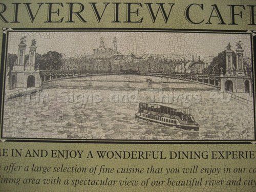 Riverview Cafe TIN SIGN vtg ad metal wall restaurant decor rustic river boat OHW - Picture 4 of 5