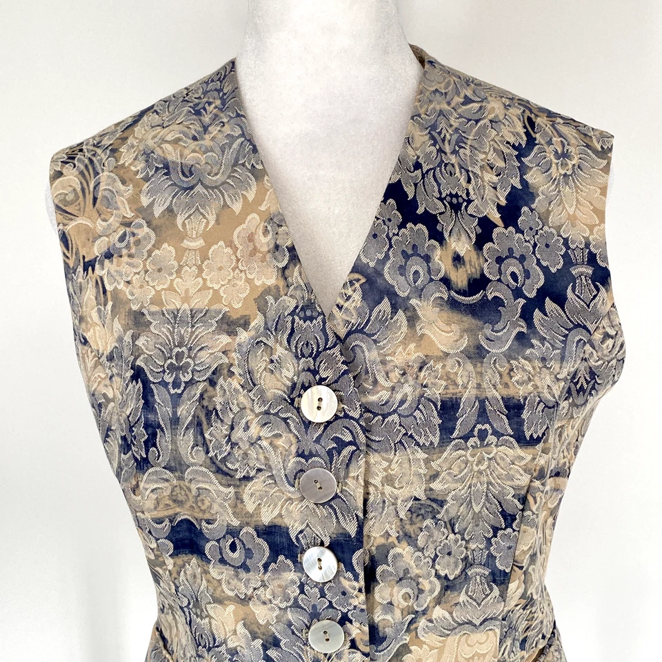 Chaleco Georgiou Vintage Mujer Pequeño 6 Azul Tostado Brocado Con Cordones Hecho en la Academia EE. UU. Foto 2 de 4